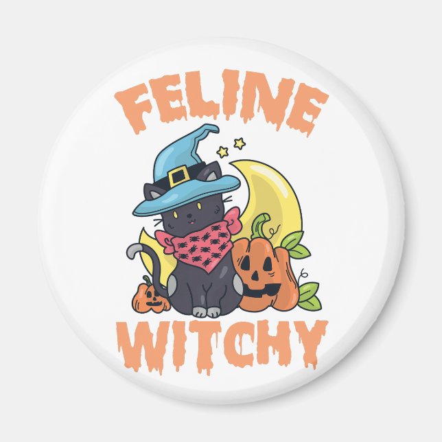 Feline Witchy Funny Spooky Halloween Cat Kitten Magnet (Vorne)
