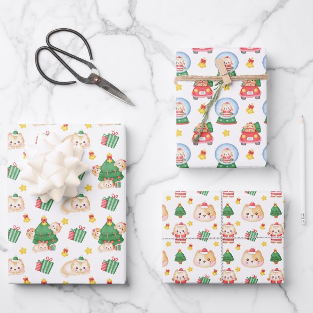 Felines Festivals Cat Themenweihnachtsfest Geschenkpapier Set (Vorderseite)