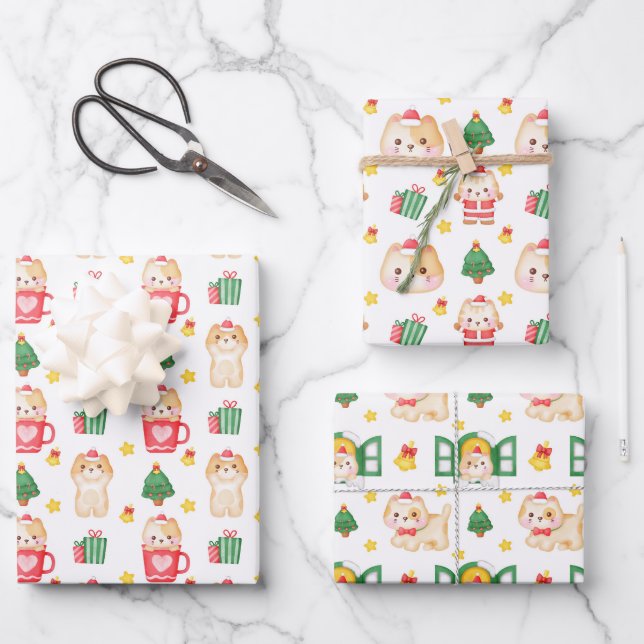 Felines Festivals Cat Themenweihnachtsfest Geschenkpapier Set (Vorderseite)