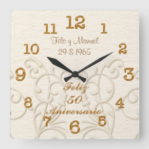 Feliz 50 Aniversario mit den NAMEN und dem DATUM Quadratische Wanduhr