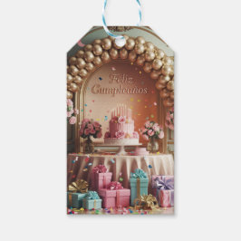 „Feliz Cumpleaños“ Elegante rosa und goldene Gebur Geschenkanhänger
