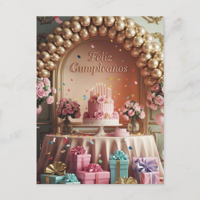 „Feliz Cumpleaños“ Elegantes Pink und Gold Geburts Postkarte (Vorderseite)