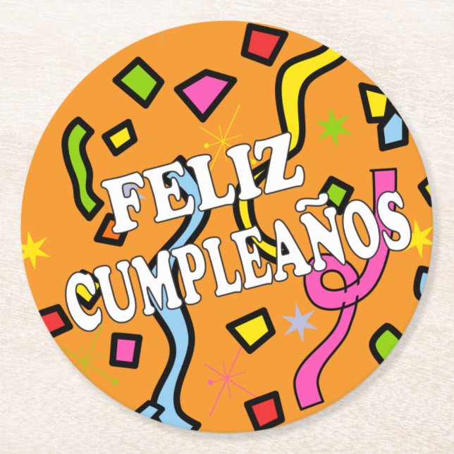 Feliz Cumpleanos Happy Birthday in Spanisch Runder Pappuntersetzer (Vorderseite)