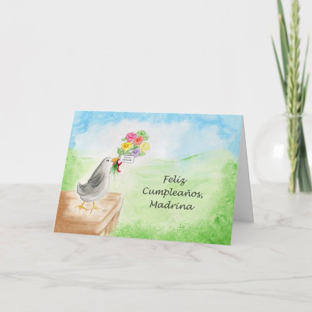 Feliz Cumpleanos Madrina, Pajaro Betrug Flores Karte (Vorderseite)