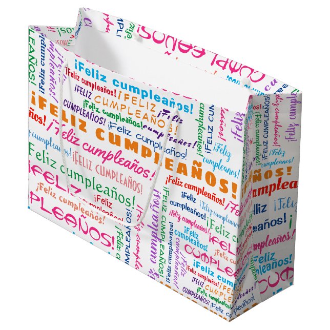 Feliz Cumpleaños Spanish Happy Birthday Word Cloud Große Geschenktüte (Vorderseite Schrägansicht)