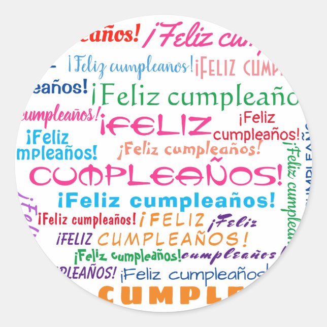 Feliz Cumpleaños Spanish Happy Birthday Word Cloud Runder Aufkleber (Vorderseite)