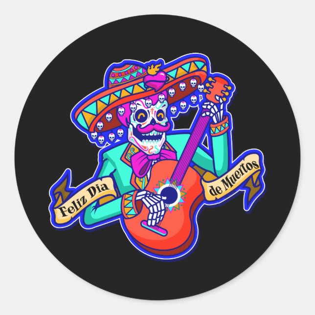 Feliz Dia De Muertos mit Skeleton Gitarre spielen Runder Aufkleber (Vorderseite)