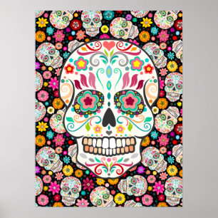 Feliz Muertos - Fest Zucker - Möwen auf schwarz Poster