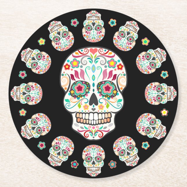 Feliz Muertos - festliche Runder Pappuntersetzer (Vorderseite)