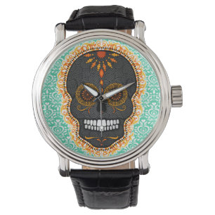 Feliz Muertos - festliche Zuckerschädel-Armbanduh Armbanduhr