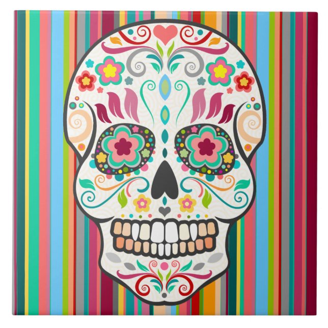 Feliz Muertos - festliche Zuckerschädel-Fliese Fliese (Vorderseite)