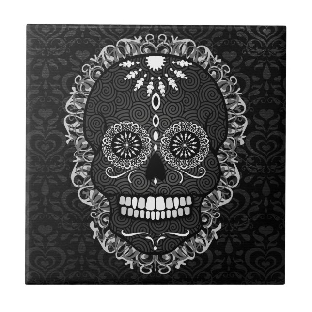 Feliz Muertos - festliche Zuckerschädel-Fliese Fliese (Vorderseite)