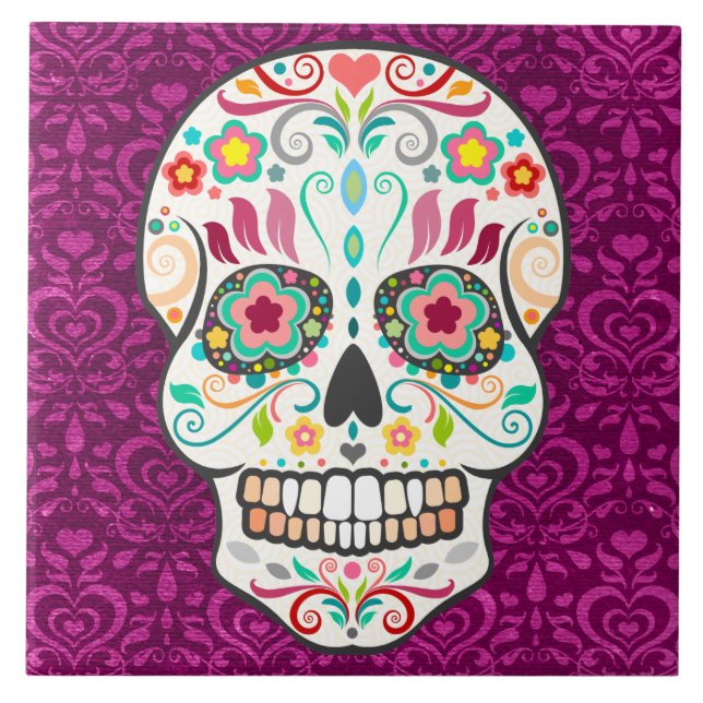 Feliz Muertos - festliche Zuckerschädel-Fliese Fliese (Vorderseite)