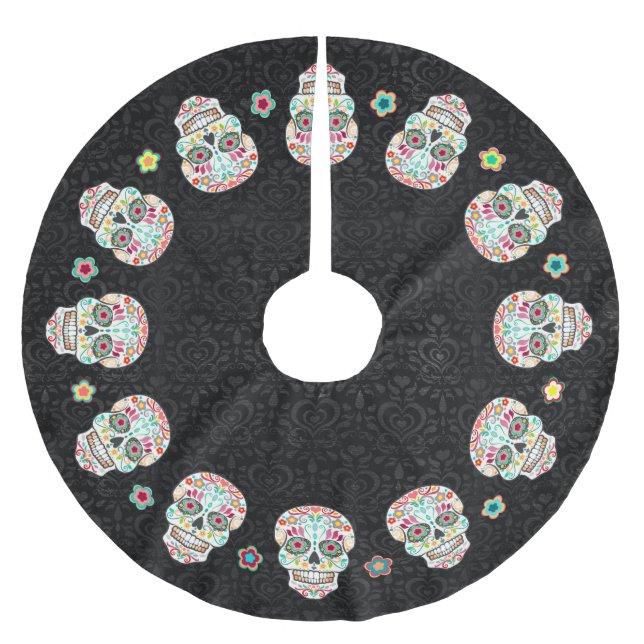 Feliz Muertos - festliche Zuckerschädel Polyester Weihnachtsbaumdecke (Vorderseite)