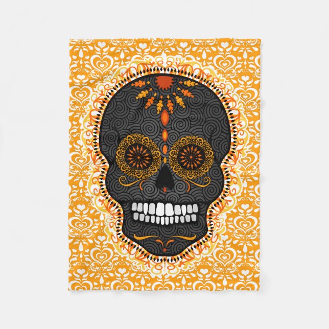 Feliz Muertos - festliches Zuckerschädel-Muster Fleecedecke (Vorderseite)