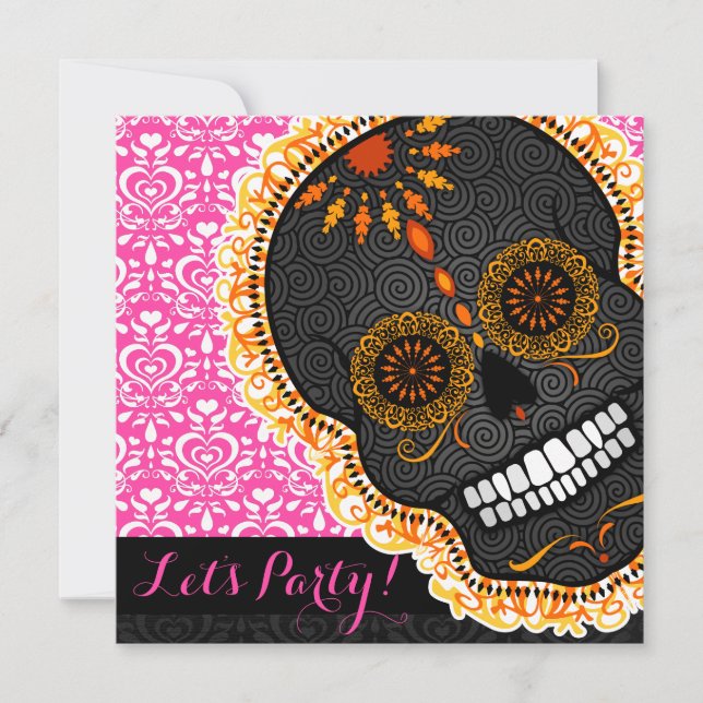 Feliz Muertos Orange gekippter Zuckerschädel auf Einladung (Vorderseite)