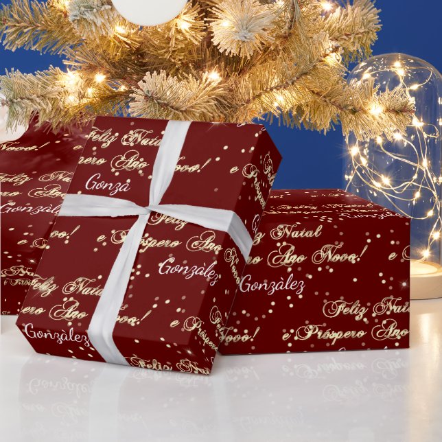 Feliz Natal e Prospero Ano Novo Name Burgundy Geschenkpapier (Feiertage)