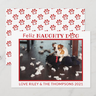 Feliz Naughty Dog Red Paws Horizontal Foto Ho Feiertagskarte