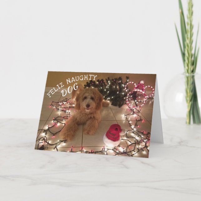 Feliz Naughty Dog Weihnachtskarte Karte (Vorderseite)