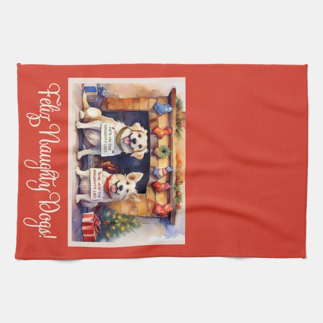 Feliz Naughty Hunde! Christmas Geschirrtuch (Horizontal)