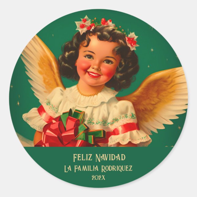 "Feliz Navidad" Angel Round Sticker (Vorderseite)
