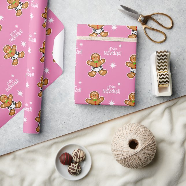 ¡Feliz Navidad! Baby Gingerbread auf rosa-editierb Geschenkpapier (Kunsthandwerk)