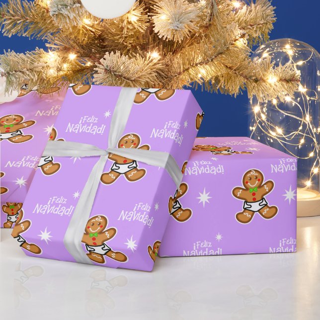 ¡Feliz Navidad! Baby Gingerbrot auf Lavender Geschenkpapier (Feiertage)