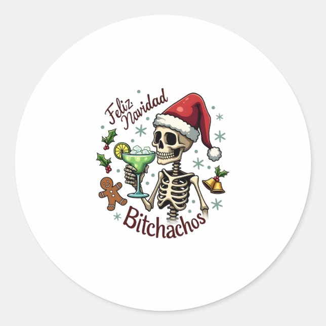 Feliz Navidad Bitchachos Funny Skull Spanish Merry Runder Aufkleber (Vorderseite)