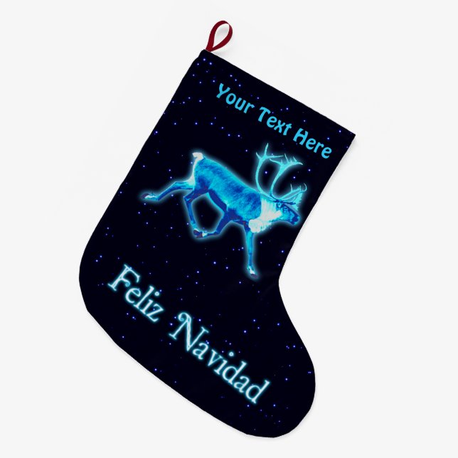 Feliz Navidad - Blaue Karibik (Reindeer) Großer Weihnachtsstrumpf (Vorderansicht (hängend))