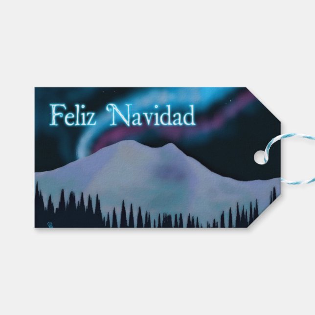 Feliz Navidad - Blue Aurora Geschenkanhänger (Vorderseite (Horizontal))
