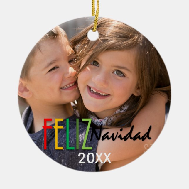 Feliz Navidad bunte Foto-Weihnachtsverzierung Keramik Ornament (Vorne)