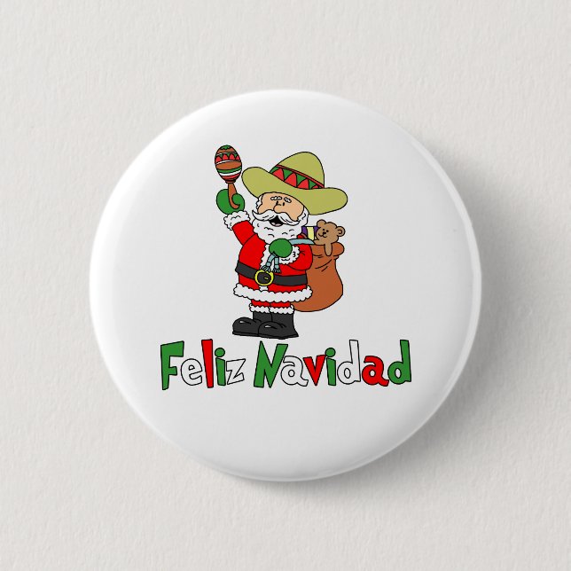 Feliz Navidad Cartoon Santa Sombrero Maracas Button (Vorderseite)