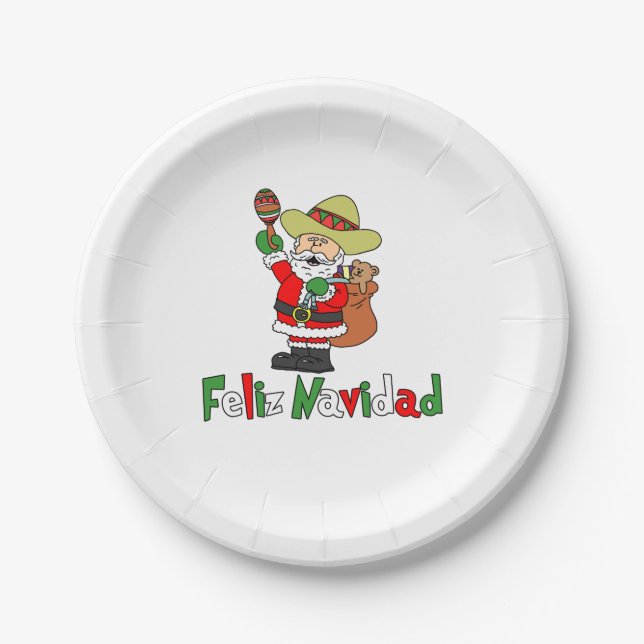 Feliz Navidad Cartoon Santa Sombrero Maracas Pappteller (Vorderseite)