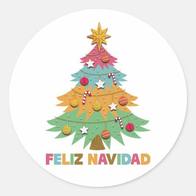 Feliz Navidad Colorful Xmas Tree Spanische Weihnac Runder Aufkleber (Vorderseite)