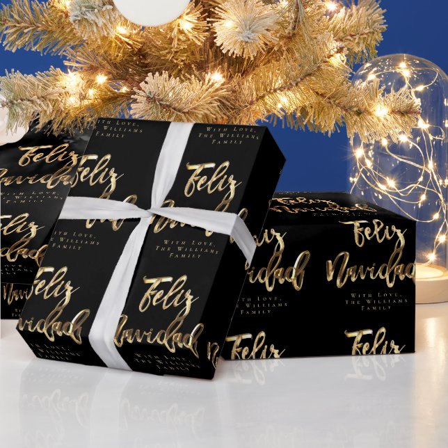 Feliz Navidad Elegant Black and Gold Script Chic H Geschenkpapier (Feiertage)