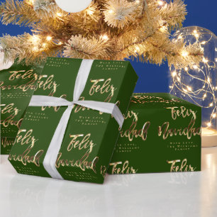Feliz Navidad Elegant Green und Gold Script Geschenkpapier