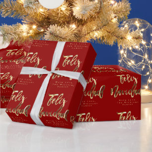 Feliz Navidad Elegant Rot- und Gold-Script Geschenkpapier