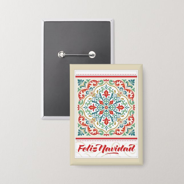 Feliz Navidad Festive Mexican Tile Frohe Weihnacht Button (Vorderseite/Rückseite)