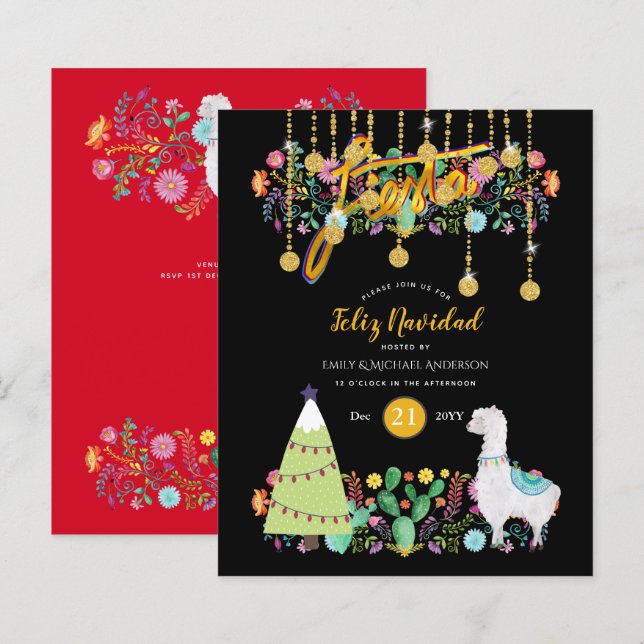 Feliz Navidad Fiesta Einladung Folk Blume HAUSHALT (Vorne/Hinten)