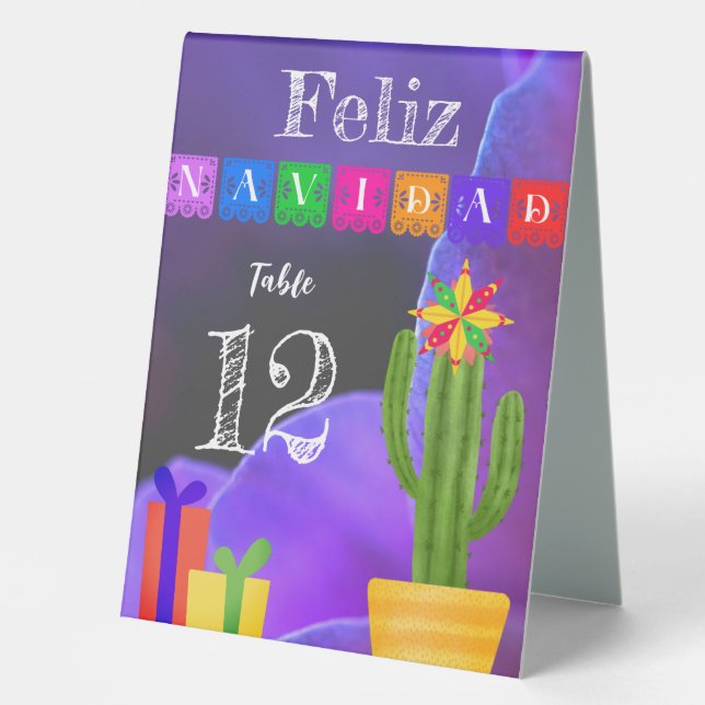 Feliz Navidad Fiesta Green Cactus on Lila Tischaufsteller (Vorderseite)