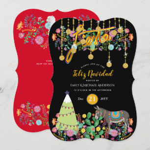 Feliz Navidad Fiesta Invitation Folk Flowers Burro