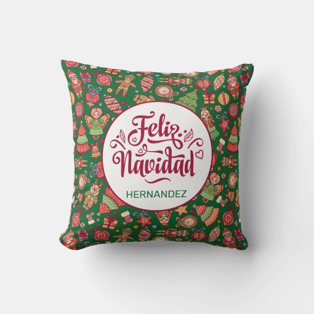 Feliz Navidad Folk Art Green Personalisiert Kissen (Vorderseite)
