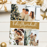 Feliz Navidad Foto Collage Feiertagskarte<br><div class="desc">Diese fantastische 3-Foto-Urlaubskarte mit "Feliz Navidad!" in einem modernen Script-Schriftart und Ihrem Familiennamen und Jahr in einem feinen,  klassischen Schriftart,  beides in weiß auf goldfarben mit einem passenden Rücken,  ist ideal für den Versand an Ihre Familie und Freunde. Jeder wird Liebe bekommen neue Fotos Ihrer Familie!</div>