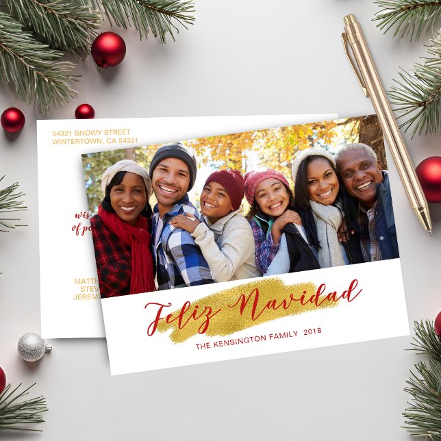 Feliz Navidad Gold Fossil Foto Feiertagspostkarte (Feliz Navidad Gold Foil Swash Holiday Photo Postcard)