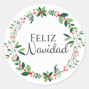 Feliz Navidad Green und Red Wreath Round Sticker