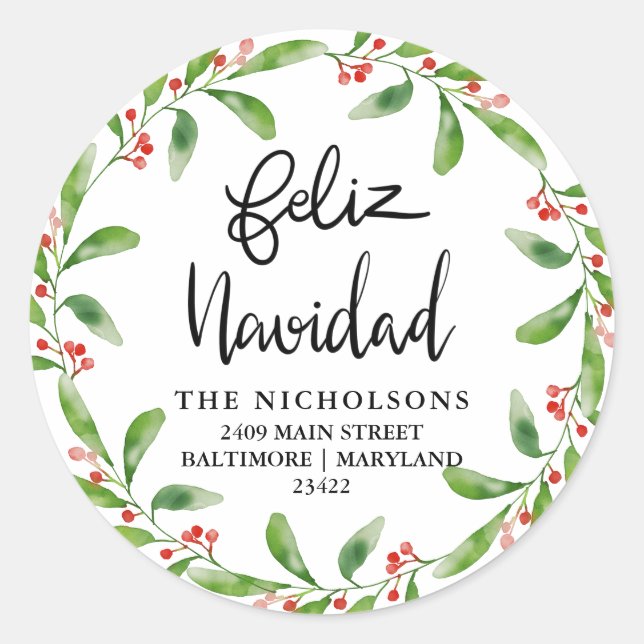 Feliz Navidad Holly Wreath | RÜCKSENDEADRESSE Runder Aufkleber (Vorderseite)