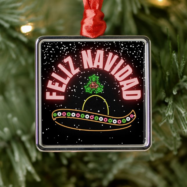 Feliz Navidad Neon Sombrero Holiday Ornament Aus Metall (Baum)