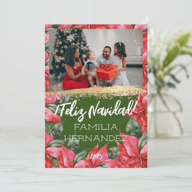 Feliz Navidad Poinsettia Foto Weihnachten (Stehend Vorderseite)