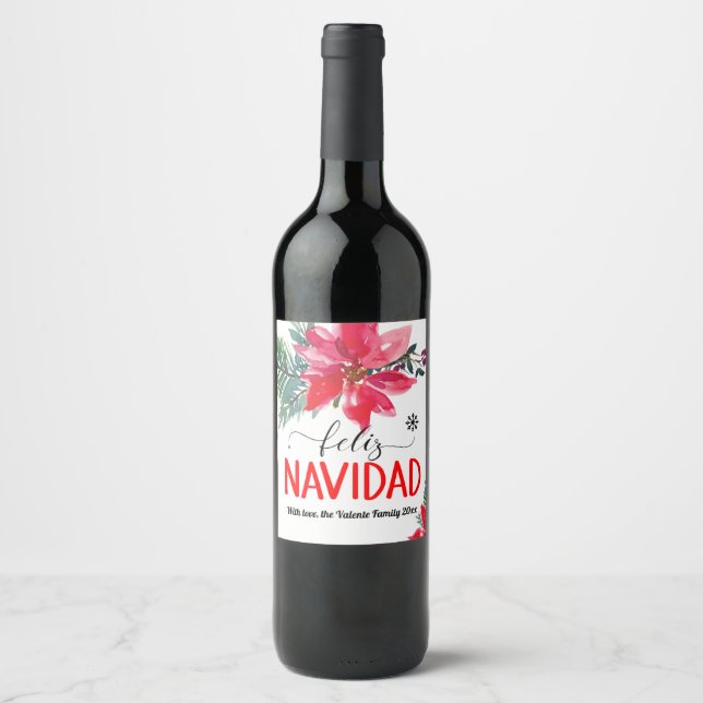 Feliz Navidad Poinsettia Personalisiertes Weinetik Weinetikett (Vorderseite)
