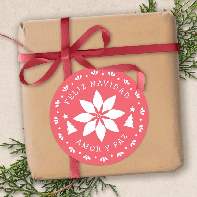 Feliz Navidad Poinsettia Weihnachtssticker Runder Aufkleber (Feliz Navidad Poinsettia Christmas Sticker by Fiesta Valley Print)